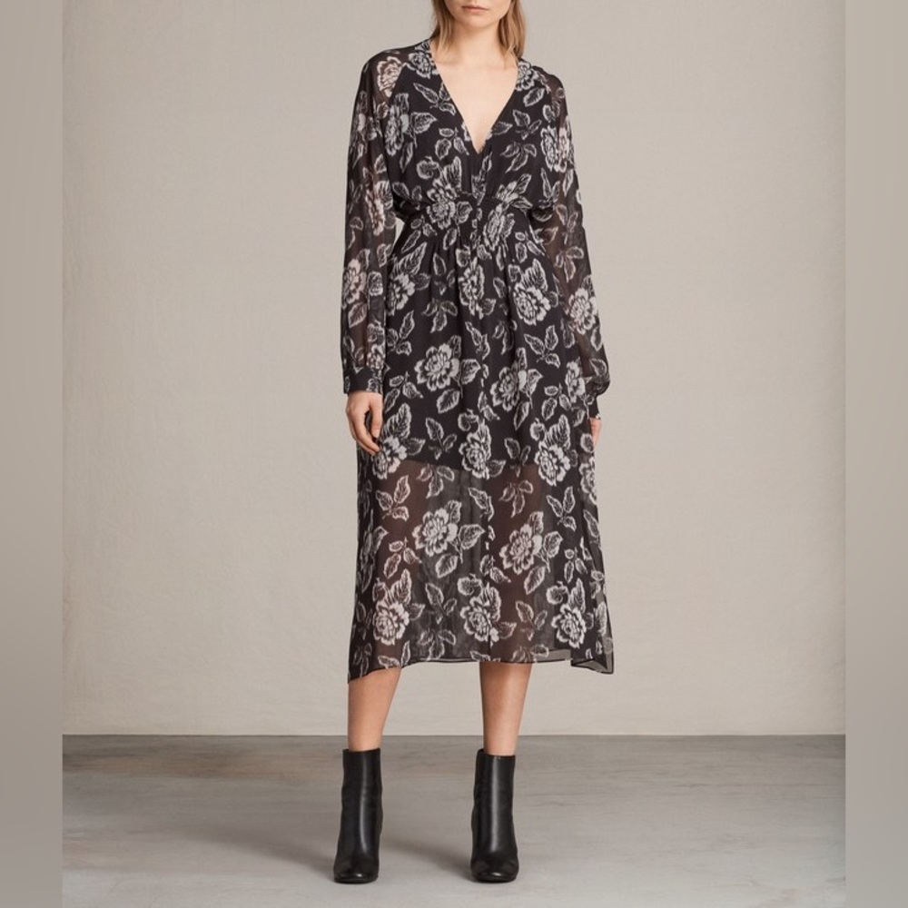 AllSaints Nichola Kasuri Floral Print Dress, Washed Black